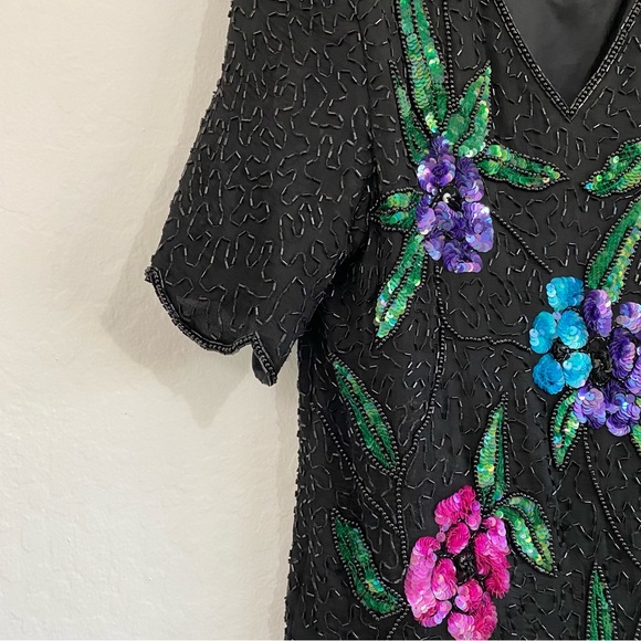 Stenay Vintage Women’s XL Fully Beaded Sequin Floral V Neck Top - Picture 3 of 6